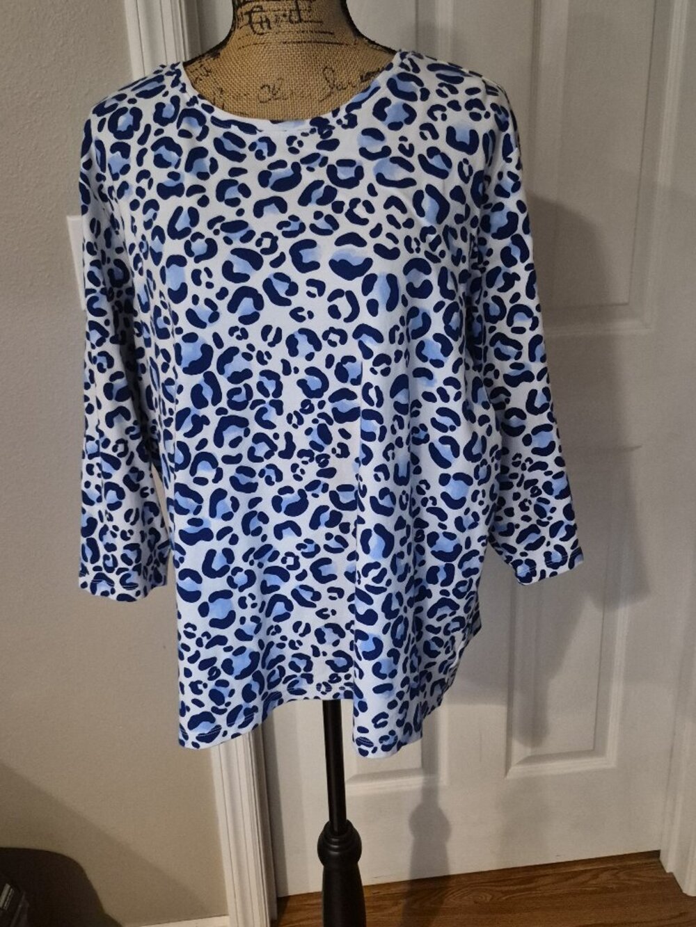 Kim Rogers Perfectly Soft Cotton Blue Animal Print Top Size 2X